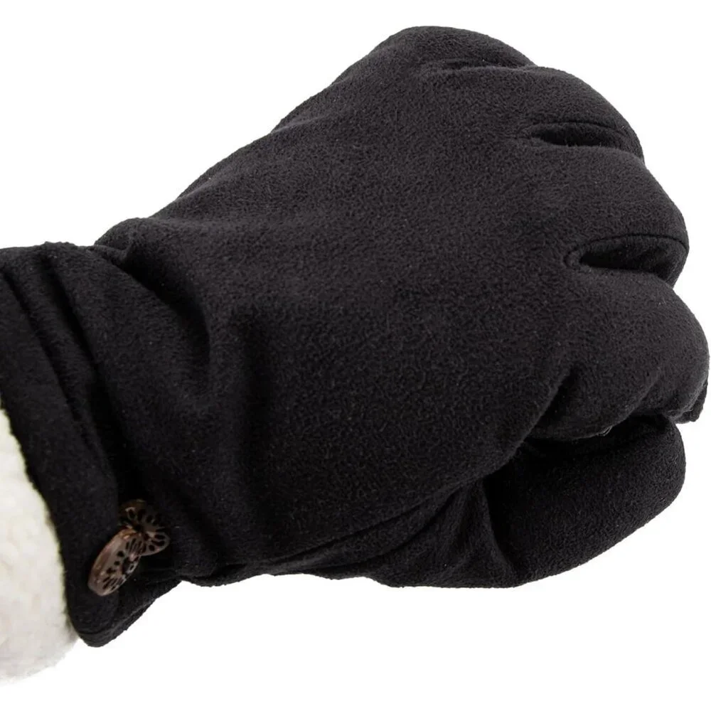 Women's Black Water Repellent Microsuede Gloves Sherpa Lined Button Detail
